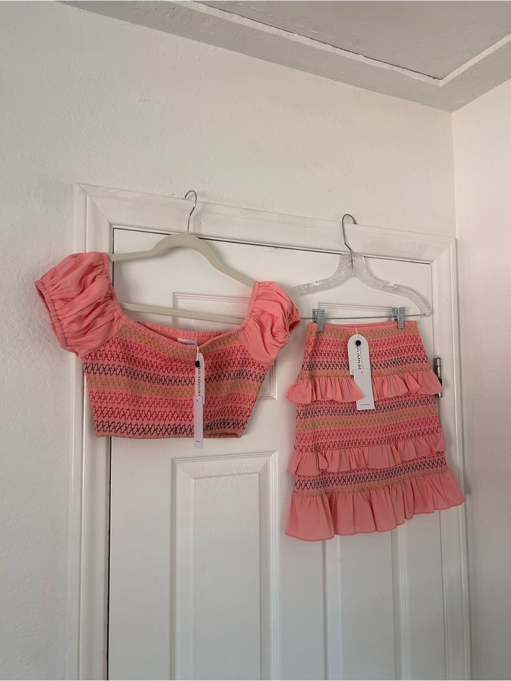 Lovers + Friends Pink Smocked Puff-Sleeve Crop Top & Ruffle Skirt Set
